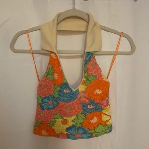 Zara Floral Smocked Crop Top with Knit Collar